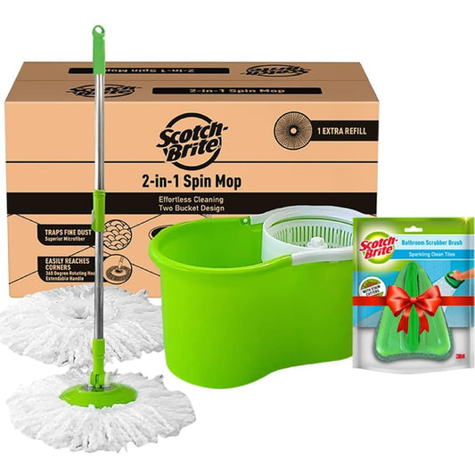 Scotch-Brite Twin Bucket Spin Mop with Easy Wring & Rinse System, 360° Adjustable Handle, High Absorbency Microfiber for Deep Cleaning on All Floor Types, 1 Extra Refill (Green)
